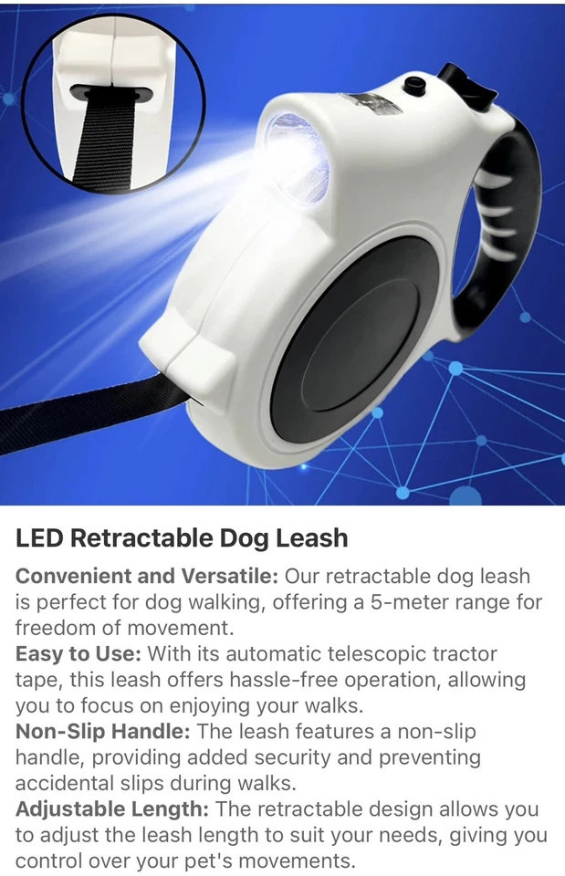 Correa retráctil para perro mascota 16 pies resistente con luz LED y antideslizante automática. Foto 2 de 4