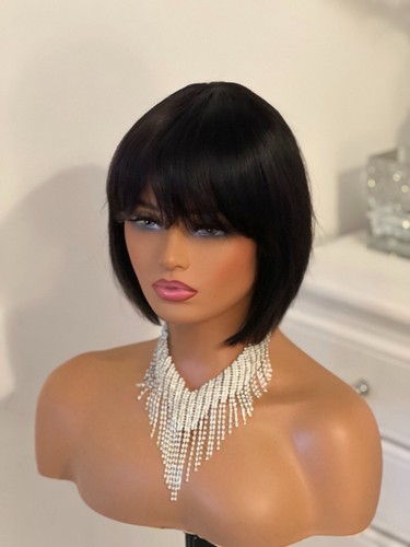Wigs With Bangs Human Hair Wig 8inch Straight Black Brazilian Hair 180% Density - Picture 10 of 13