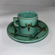 Vintage  Made In  Italy demitasse espresso cup saucer set Aqua Green Gold Paint