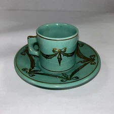 Vintage  Made In  Italy demitasse espresso cup saucer set Aqua Green Gold Paint