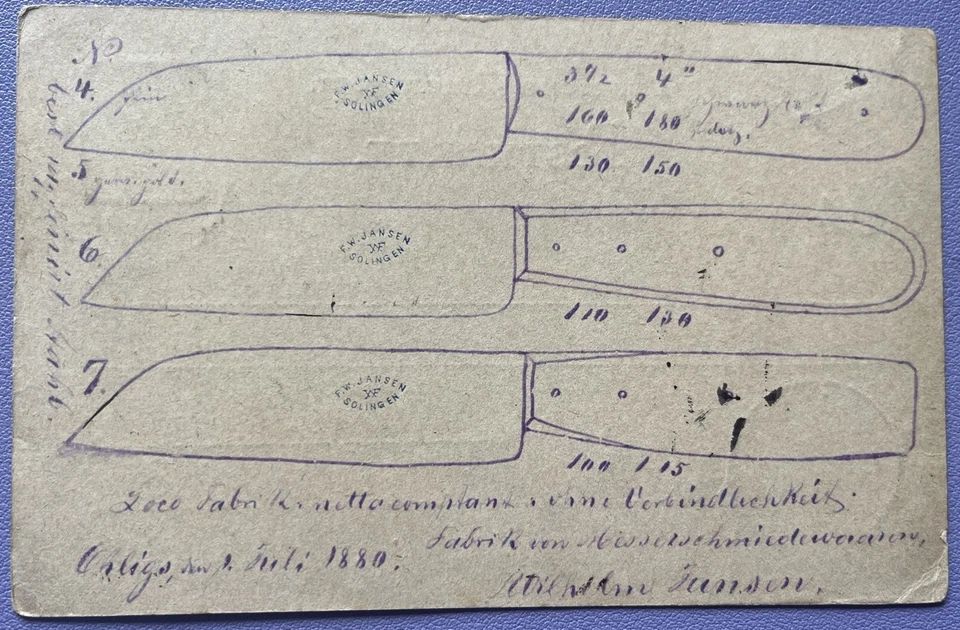 RAR! Original handgezeichnetes Angebot Solingen Messer F.W. Jansen - PK 1880 - Bild 3 von 4