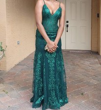 Prom Dress, emerald green, corset sheer sequin applique, mermaid size 6