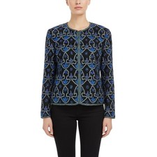 Laurence Kazar Womens Black Blue Silk Beaded Floral Jacket Elegant Size M