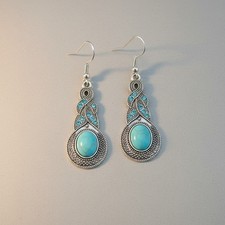 BOHO Turquoise Gemstone Style Teardrop Dangle Pierced Earrings Silvertone