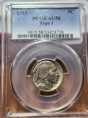 1913 P Type 1 Indian Head Nickel PCGS AU58