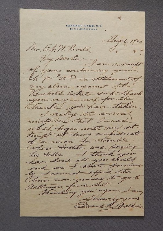 1903 Saranac Lake New York Edward R. Baldwin Letter - NY