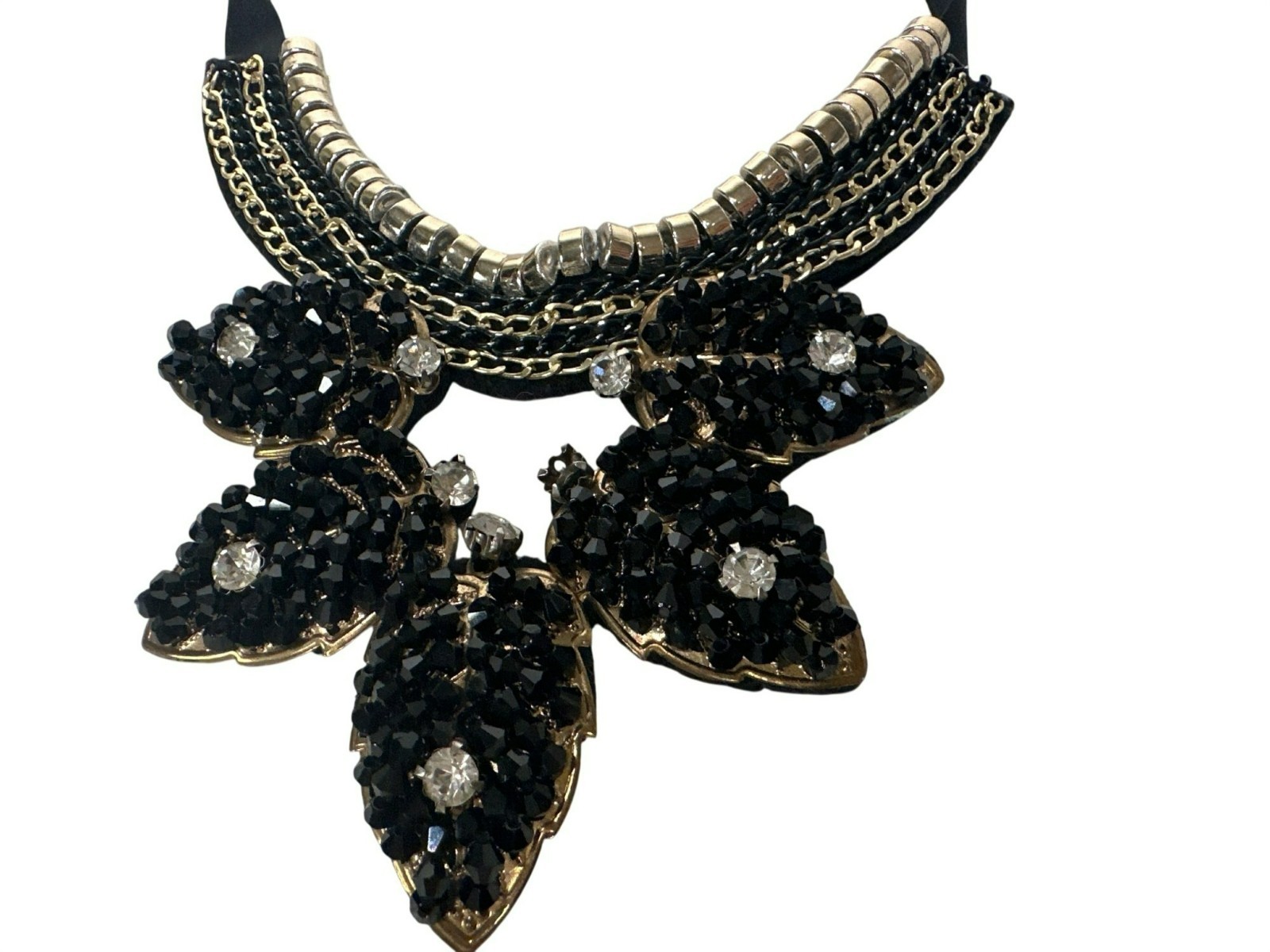 Black Beaded & Rhinestone Statement Necklace Ribb… - image 2