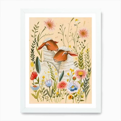 Folksy Floral Tier Zeichnung Schaf gerahmt Wandbild Poster Leinwanddruck Bild
