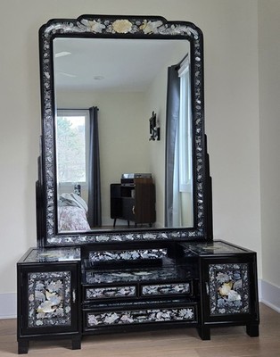 Vintage Korean Black Laquer Mother of Pearl Inlay Dressing Cabinet / Vanity Set