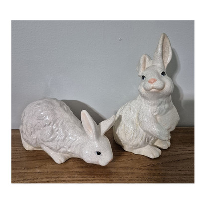 Vtg White Crackle Glaze Ceramic Rabbit Figurines Sitting & Lying Down