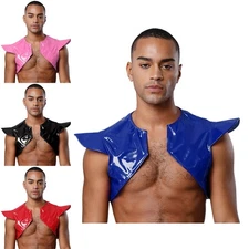 Men's Leather Chest Armor Pauldron Shoulder Vest Wet Look Open Front Tank Tops