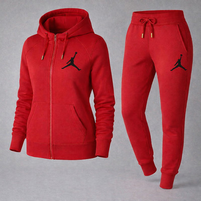 Women Jordan Red Tracksuit Set - Zip Hoodie & Joggers Athletic Streetwear