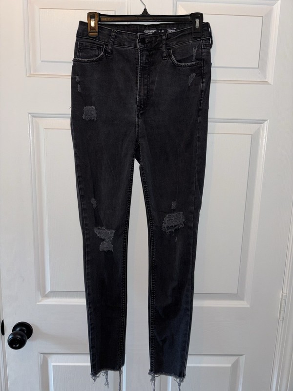 Old Navy Extra High Rise Black Super Skinny Jeans sz8-12 Distressed Frayed Hem 
