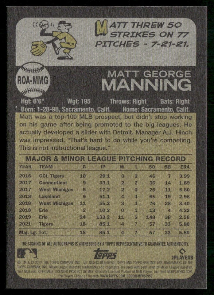 2022 Topps Heritage #ROA-MMG Matt Manning Real One Auto Red Ink #/73 - Image 2 of 2
