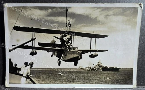 WW2 Supermarine Walrus craned aboard HMS Warspite official  photo 13.5 by 8.5cm