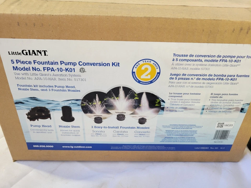 Little Giant 517311 喷泉转换套件,FPA-10-K01 适用于曝气系统 — 第 2/4 张图片