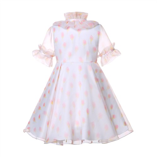 Rose Floral Printed Tulle Dress for Girls Ruffled Sleeves Formal Party Dress - Picture 4 of 12