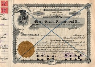 Beach Krahn Amusement Co. Original Stock Certificate 1924 #119