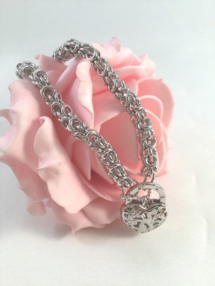 Vintage Jewellery White Gold Chain Bracelet Heart Padlock Antique Deco