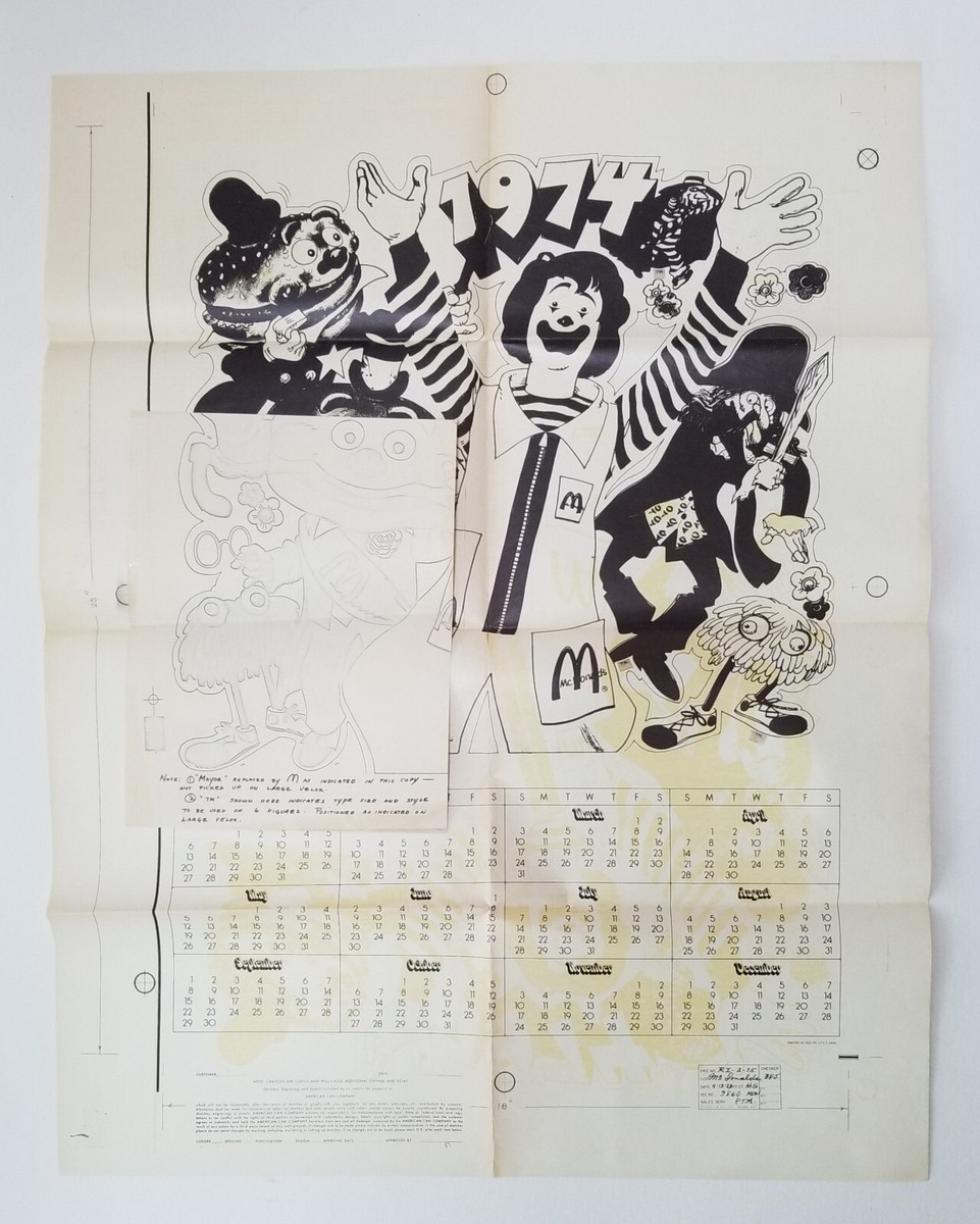 Original 1974 McDonald's Calendar Proof, 29 in by 23 in & Related