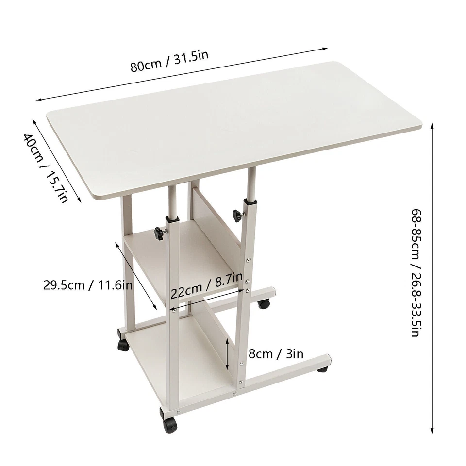 Computer End Table C-Shaped Side Table Height Adjustable Storage Shelf w/ Wheels - Image 3 of 4