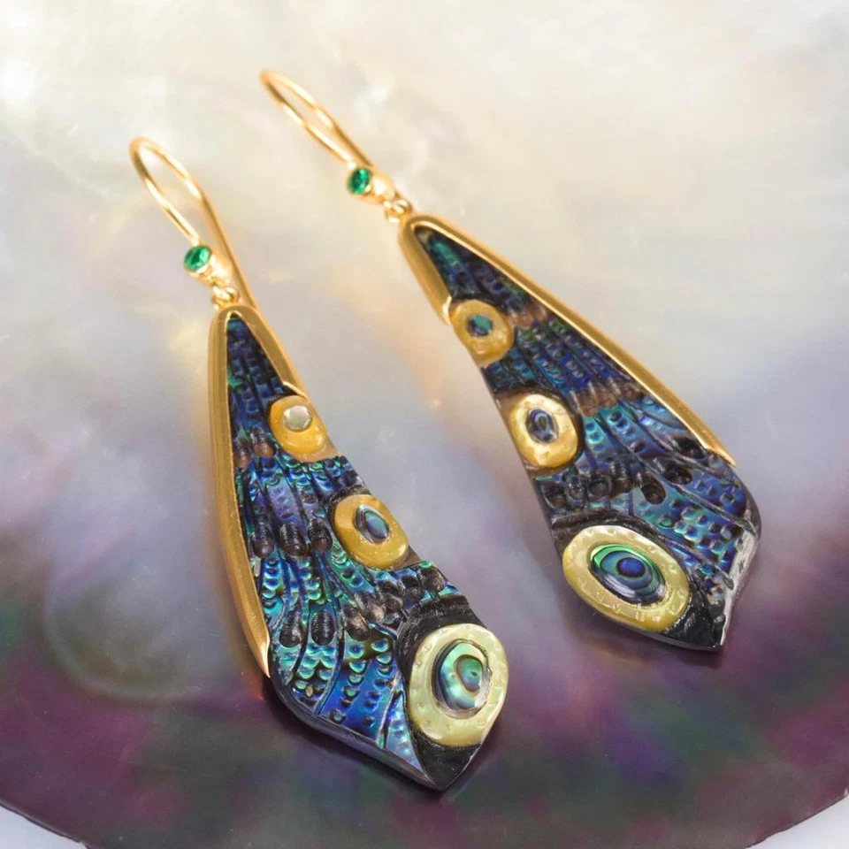 Dragonfly Wing Earrings Abalone Carving Gold Vermeil Sterling Emerald 6,09 g - Image 4 of 4