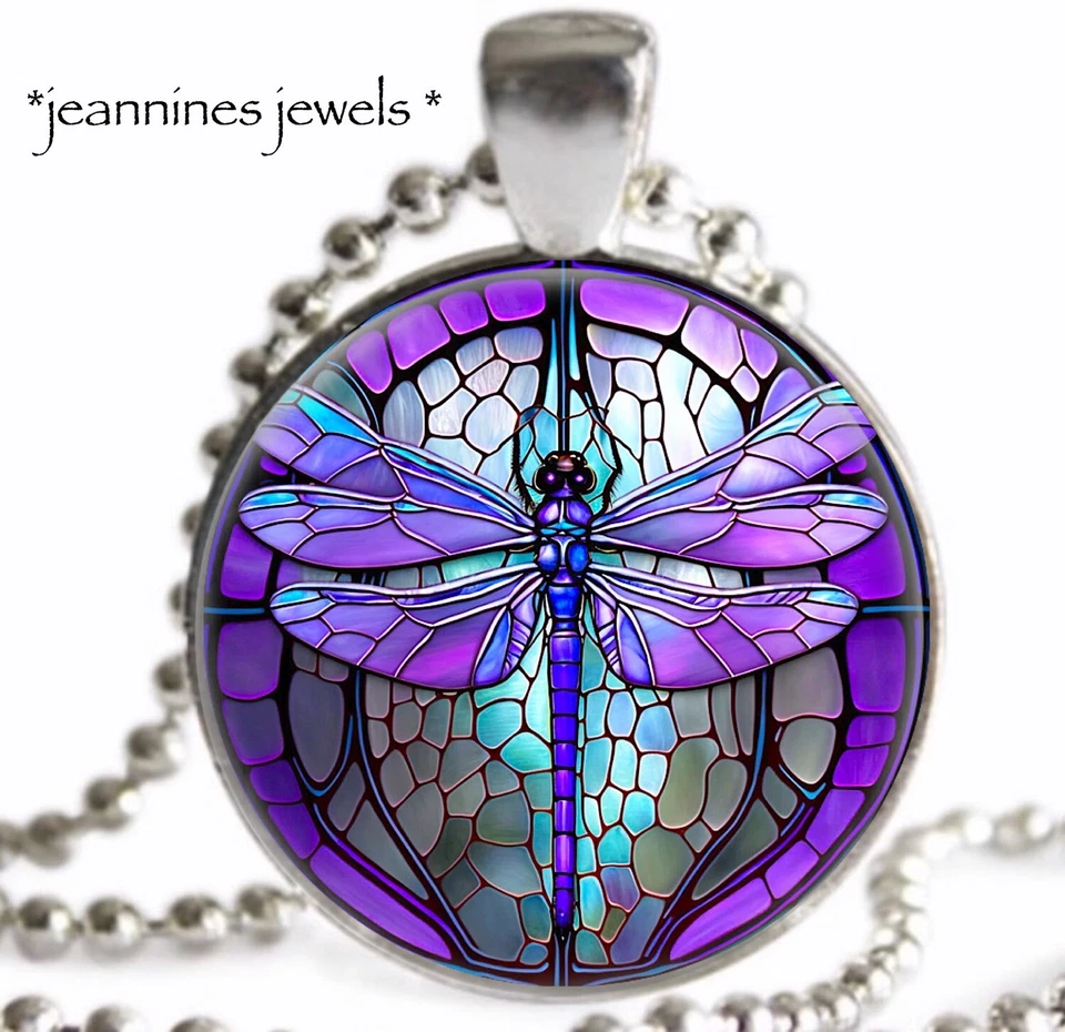 Collar Libélula Púrpura FAUX Vidrieras IMPRESIÓN ARTÍSTICA Plata Dije Colgante Foto 4 de 4