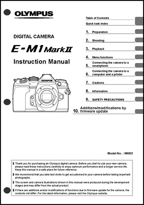 Olympus OM E-M1 Mark II  Mark 2  Digital Camera User Guide Instruction  Manual