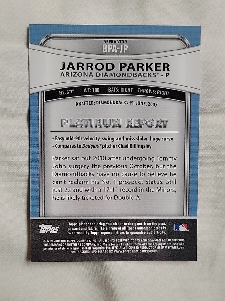 Tarjeta Diamondbacks Jarrod Parker 2010 Bowman Platinum #BPA-JP refractor automático Foto 2 de 4