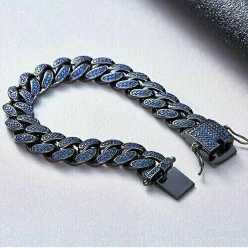 10 kt Lab Created blauer Saphir Herren Kubanische Gliederarmbänder 14 K Schwarz Gold Finish - Bild 1 von 4