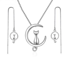 925 Sterling Silver Moon Cat Earrings Kitty Chains Drop Earrings Women's Jewelry