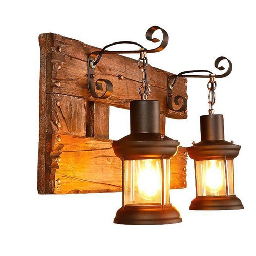 2-Light Vanity Lights Rustic Wall Sconces Wood Indoor Wall Sconce Lamp US - Picture 5 of 12
