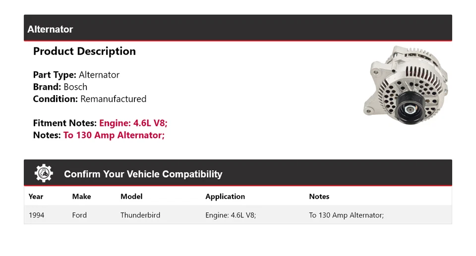 Alternador Bosch Ford Thunderbird 1994 4,6 L V8 (remanufacturado) Foto 2 de 4