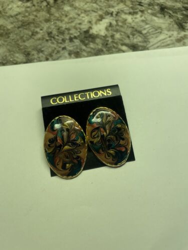 Large Statement Enamel / Gold Tone Costume Earrings Clip On Clip-On NWT
