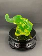 Mosser Vaseline Translucent Yellow Elephant Paperweight GLOWS UV 3"