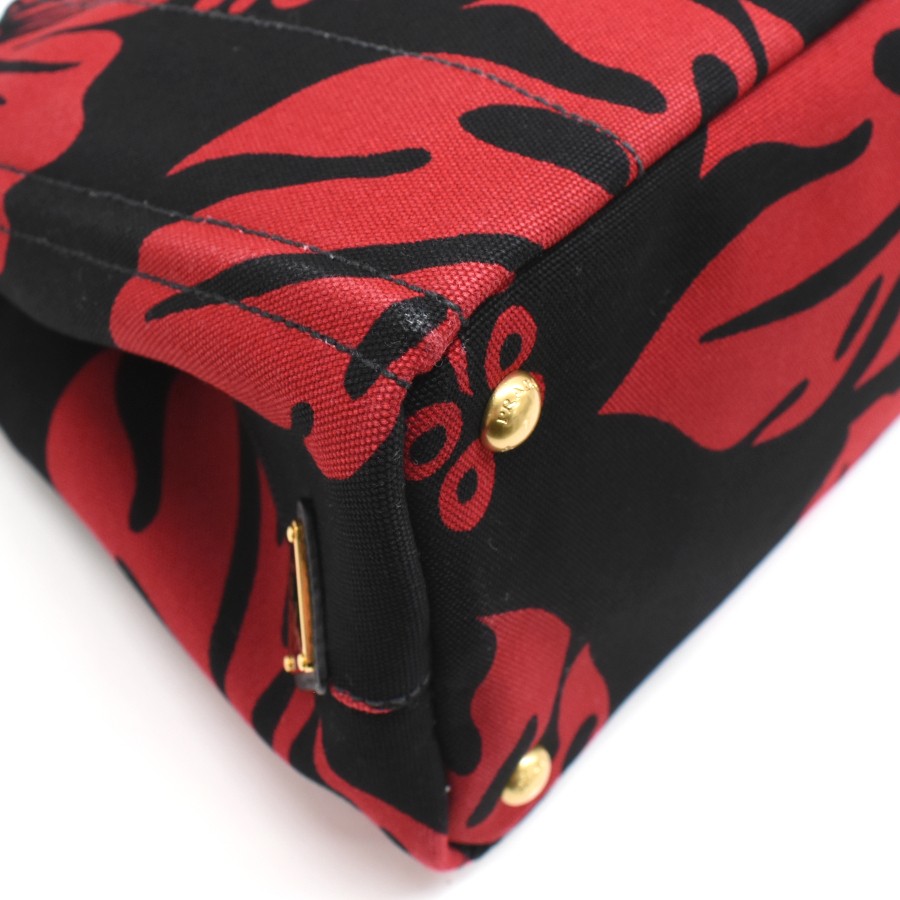 Prada Hibiscus Pattern Canapa Mini 2way Tote Bag B2439B Canvas Black Red PRADA f thumbnail 6