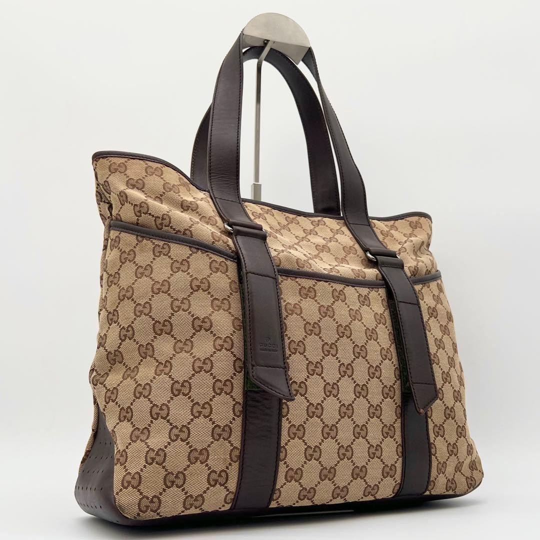 GUCCI Vintage GG Canvas Tote Bag Leather Brown Unisex A4 Authentic