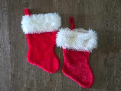 2 VTG Santas Best Christmas Stocking Red White Plush 16.5'' Fluffy Faux Fur Top