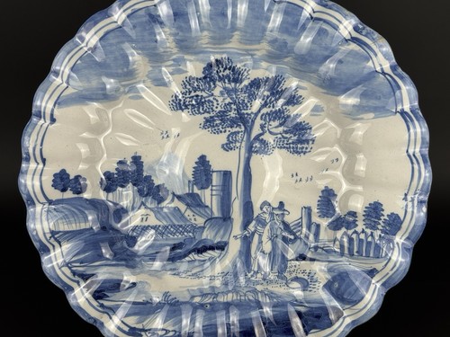 Ceramica Del XVIII Sec. Antico Piatto Popolare In Maiolica Dipinto Con Paesaggio - Foto 2 di 14