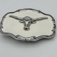 Vintage Buckle Rage Longhorn Steer Belt Buckle Silver Tone Cream Enamel Western