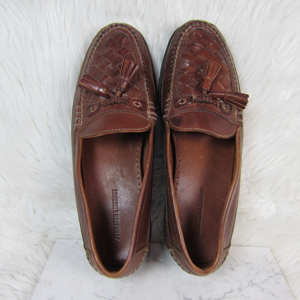 Johnston & Murphy Brown Leather Basket Weave Tassel Loafers  display picture 1