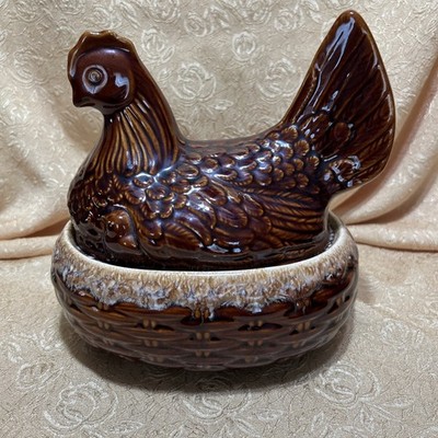 Hull Pottery USA Brown Drip Hen Chicken on Nest Bake and Serve Casserole 8''