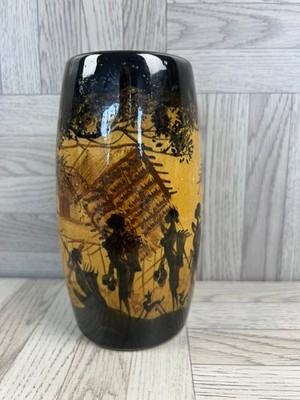 Vintage asiatische glänzende Vase schwarz gold handbemalt malerische Landschaft Zylinder