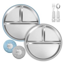 Stainless Steel Baby Plates Suction Removable Silicone Shell Gray Blue 2 PCS