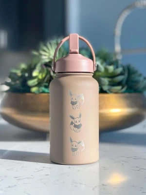 Eevee Engraved Water Bottle, Straw Waterbottle with Gigantamax & Fluffy Shaggy - Image 1 of 4