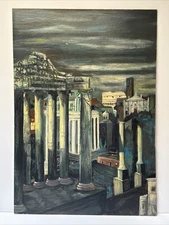 MID CENTURY PAINTING LARGE SURREAL CITY CITYSCAPE ROOF TOPS REGIONALISM URBAN