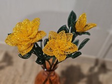 Orange French Beaded Roses   Set of 3 Handmade Glass Bead Flowers   Long Stem