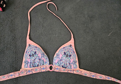 Victoria's Secret Triangle Halter Paisley Bikini Top Tie Straps Pink/Blue M
