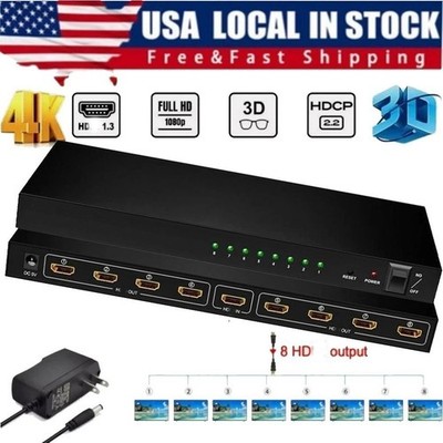 4K HD Splitter 1 in 8 Out, Powered 8 Port hd splitters Multi Monitor Outputs