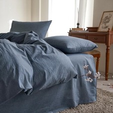 Cotton Duvet Cover Set, Queen Size, Chambray Denim Blue, 100 Washed Cotton, Li